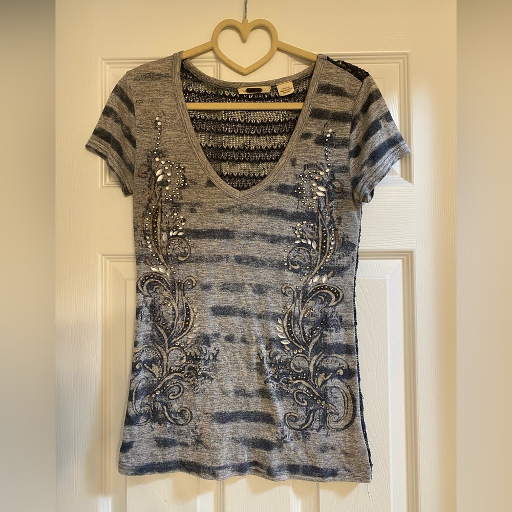 Miss Me Gray Graphic Embellished Jeweled Lace back T-Shirt
